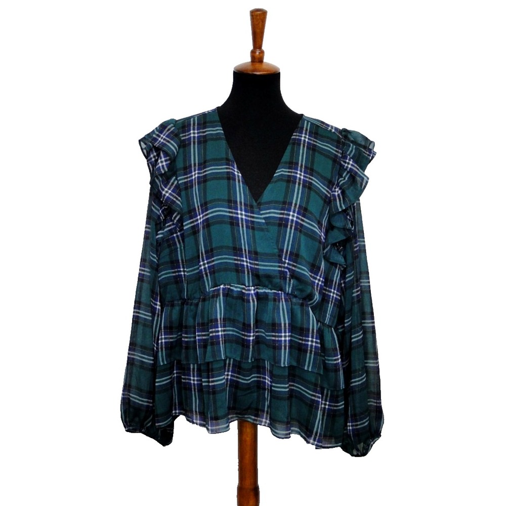 NWT Torrid Plaid Chiffon Ruffle‎ Sleeve Top 3X 22-24 Green